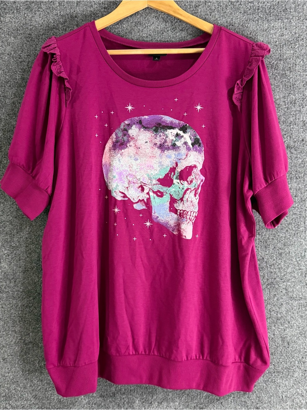 TORRID Womens French Terry Short Sleeve Skull Sweatshirt Size 2X Purple Casual